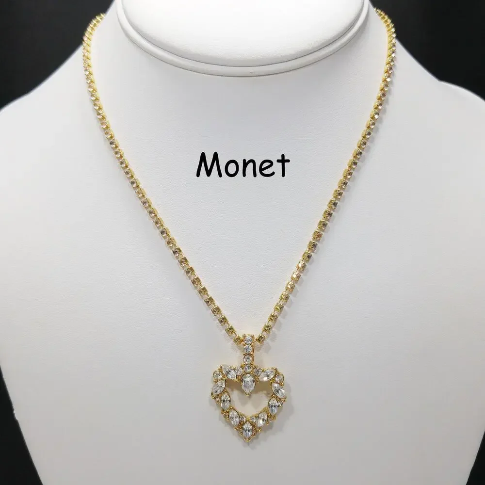 Vintage Monet Rhinestone Heart Necklace Gold Tone Marquise 1970s